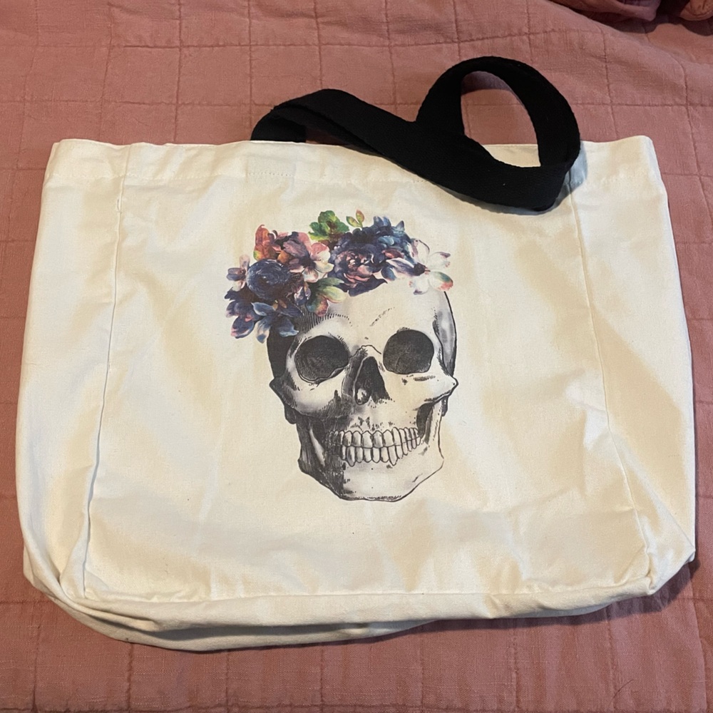 Floral Skull Canvas Tote Bag